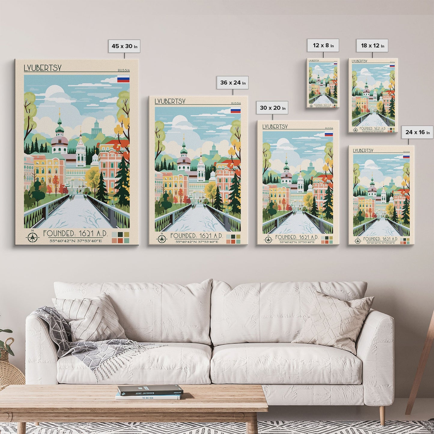 Lyubertsy Russia Travel Poster Framed Canvas Print, Midcentury Modern Art, Pop Art Wall Decor, Scenic Living Room Art, Bedroom Decor