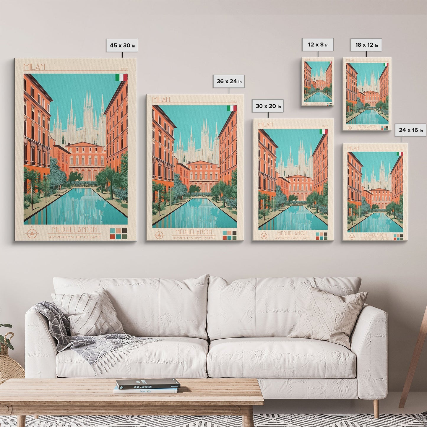 Milan Italy Travel Poster Framed Canvas Print, Midcentury Modern Art, Pop Art Wall Decor, Scenic Bedroom Art, Office Decoration