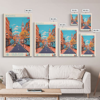 Newcastle United Kingdom Travel Poster Framed Canvas Print, Midcentury Modern Art, Pop Art Wall Decor, Scenic Living Room Art, Bedroom Decor