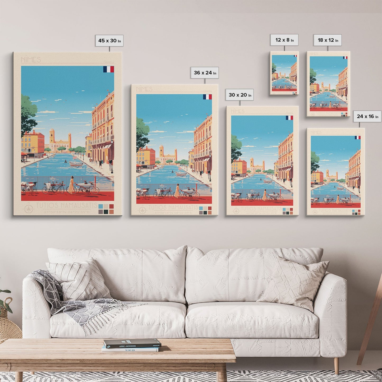 Nimes France Travel Poster Framed Canvas Print, Midcentury Modern Art, Pop Art Wall Decor, Scenic Living Room Art, Bedroom Gift