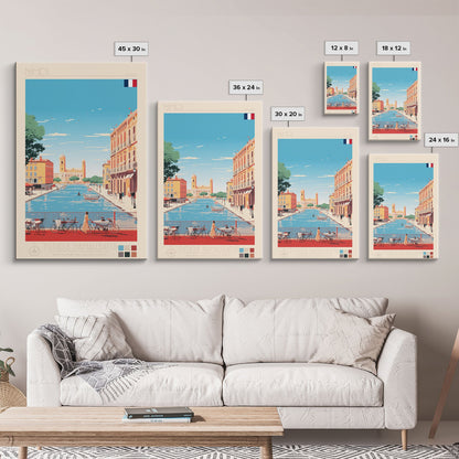 Nimes France Travel Poster Framed Canvas Print, Midcentury Modern Art, Pop Art Wall Decor, Scenic Living Room Art, Bedroom Gift