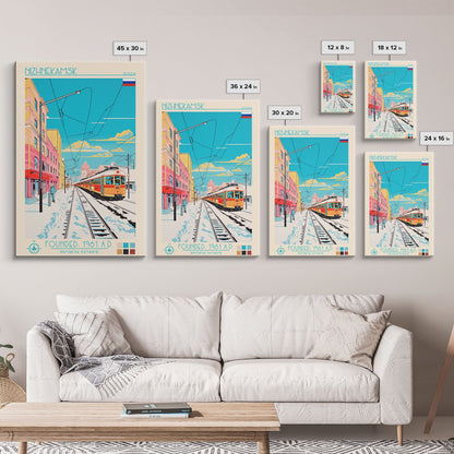 Nizhnekamsk Russia Travel Poster Framed Canvas Print, Midcentury Modern Art, Pop Art Wall Decor, Scenic Wall Art, Bedroom Decoration