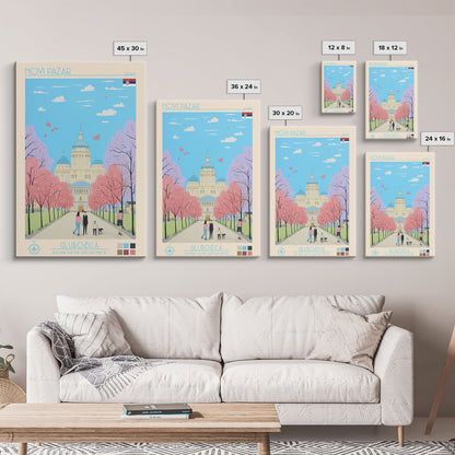 Novi Pazar Serbia Travel Poster Framed Canvas Print, Midcentury Modern Art, Pop Art Wall Decor, Scenic Wall Art, Living Room Decoration, Office Gift