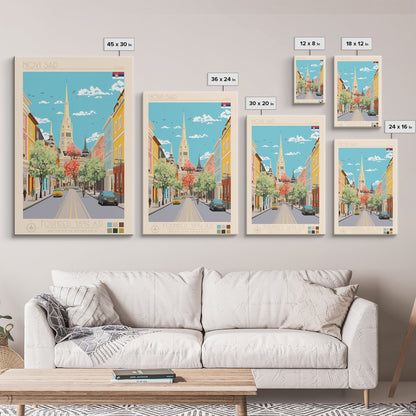 Novi Sad Serbia Travel Poster Framed Canvas Print, Midcentury Modern Art, Pop Art Wall Decor, Scenic Wall Art, Bedroom Decoration