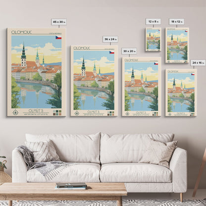 Olomouc Czech Republic Travel Poster Framed Canvas Print, Midcentury Modern Art, Pop Art Wall Decor, Scenic Wall Art, Living Room Decoration, Office Gift