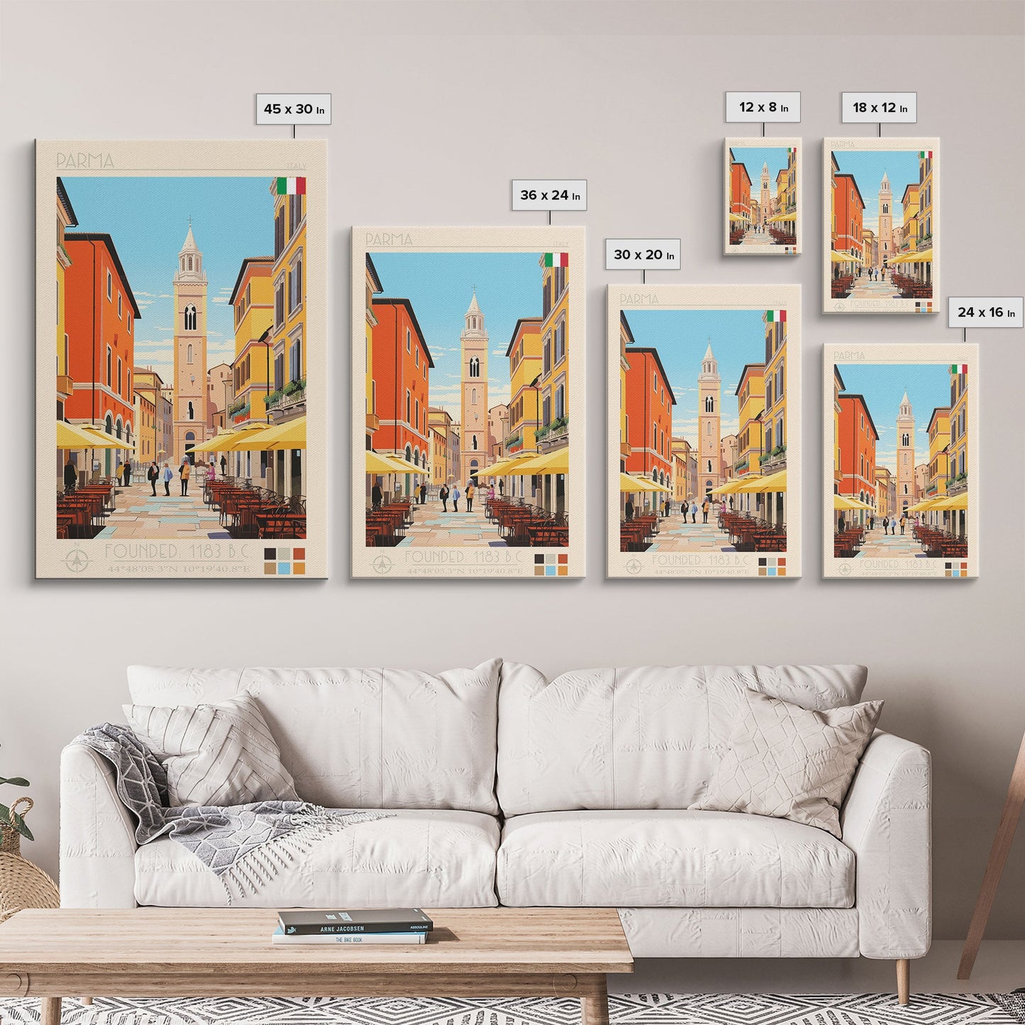 Parma Italy Travel Poster Framed Canvas Print, Midcentury Modern Art, Pop Art Wall Decor, Scenic Wall Art, Bedroom Decoration