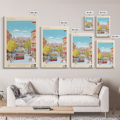 Plovdiv Bulgaria Travel Poster Framed Canvas Print, Midcentury Modern Art, Pop Art Wall Decor, Living Room Art, Home Decoration