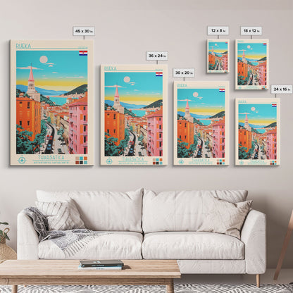 Rijeka Croatia Travel Poster Framed Canvas Print, Midcentury Modern Art, Pop Art Wall Decor, Scenic Wall Art, Living Room Decoration, Office Art