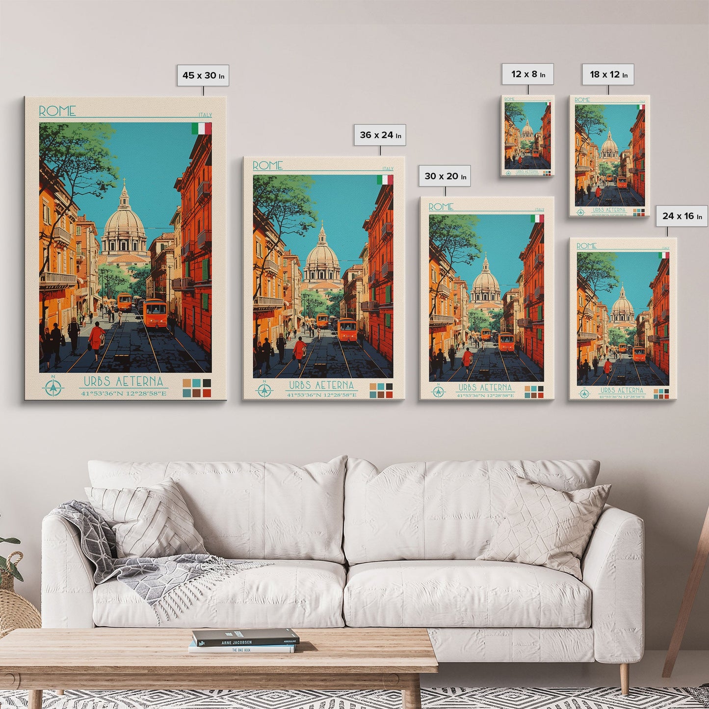 Rome Italy Travel Poster Framed Canvas Print, Midcentury Modern Art, Pop Art Wall Decor, Home Decor, Vacation Gift, Office Art