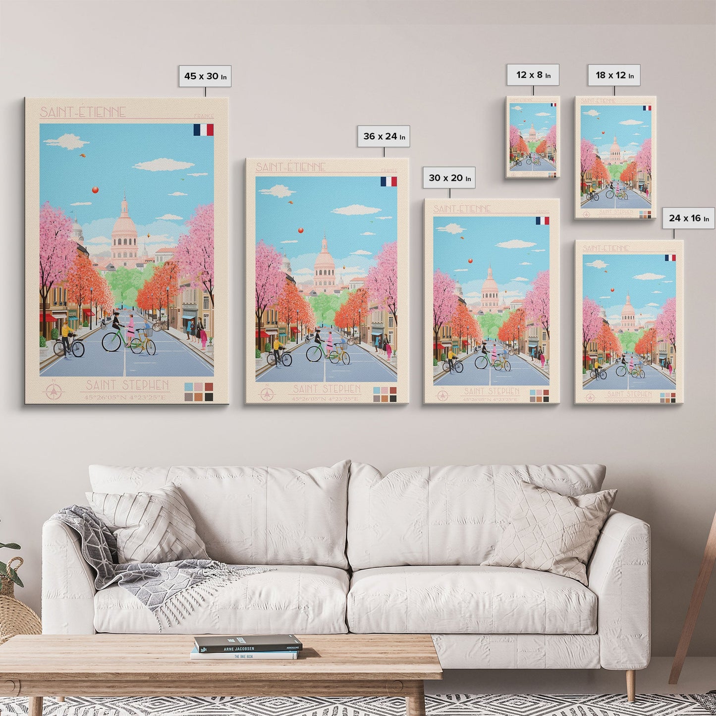 Saint-Étienne France Travel Poster Framed Canvas Print, Midcentury Modern Art, Pop Art Wall Decor, Living Room Art, Vacation Gift