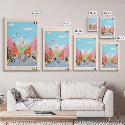 Saint-Étienne France Travel Poster Framed Canvas Print, Midcentury Modern Art, Pop Art Wall Decor, Living Room Art, Vacation Gift
