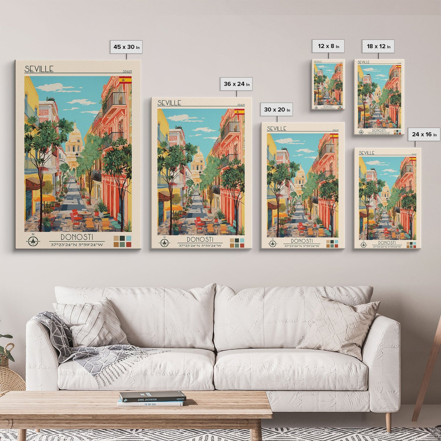 Seville Spain Travel Poster Framed Canvas Print, Midcentury Modern Art, Pop Art Wall Decor, Living Room Art, Home Decoration