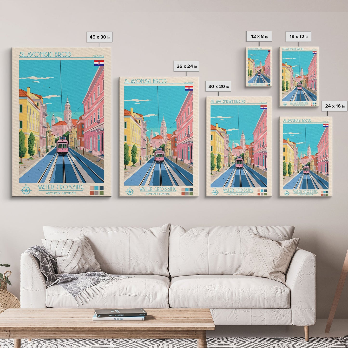 Slavonski Brod Croatia Travel Poster Framed Canvas Print, Midcentury Modern Art, Pop Art Wall Decor, Home Decor, Office Decoration