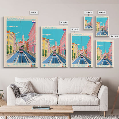 Slavonski Brod Croatia Travel Poster Framed Canvas Print, Midcentury Modern Art, Pop Art Wall Decor, Home Decor, Office Decoration