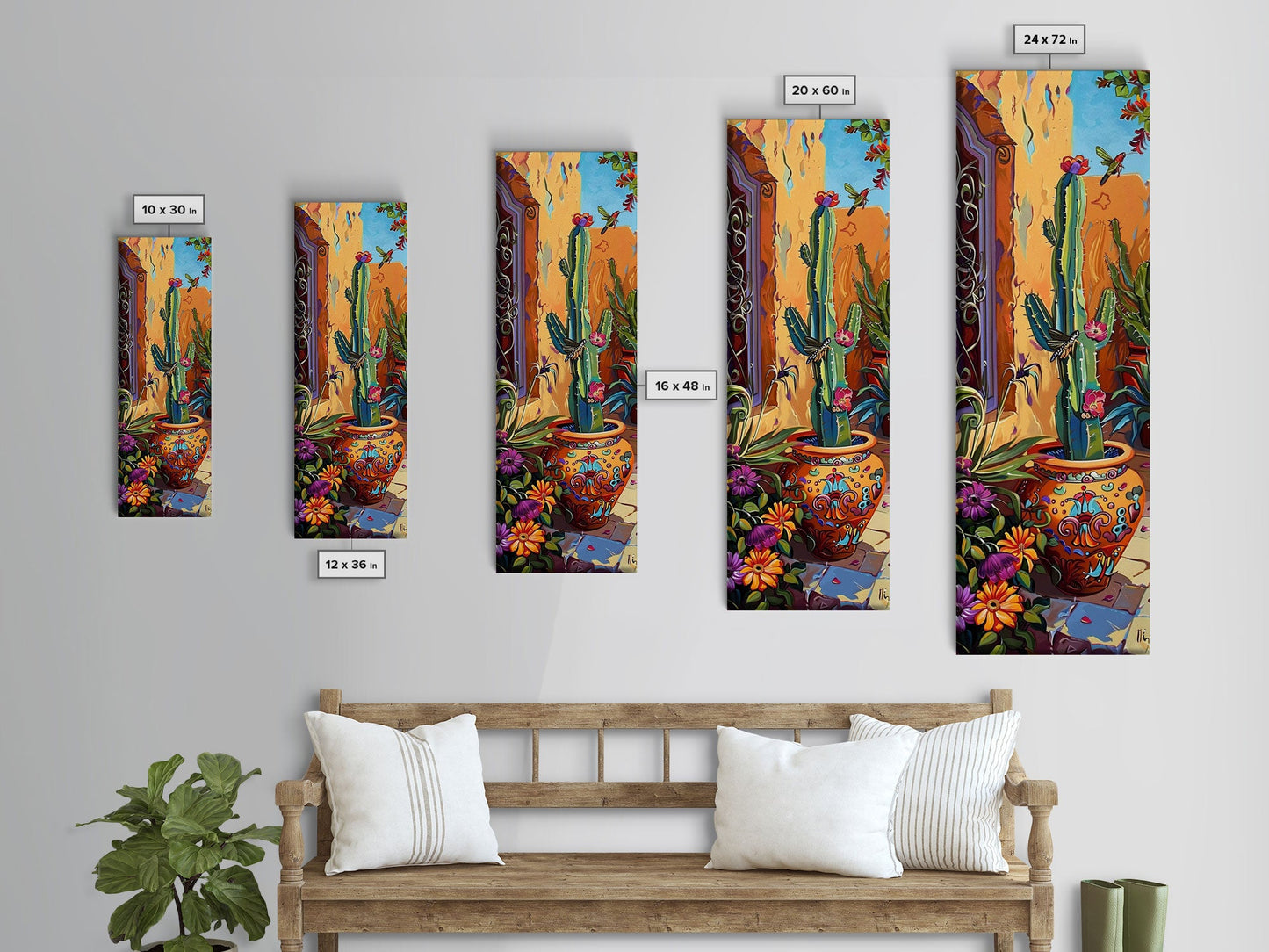 Colorful Canvas Painting of Cactus Framed, Botanical Wall Art Print, Spanish Inspired Canvas Painting, Long and Narrow Living Room Wall Art