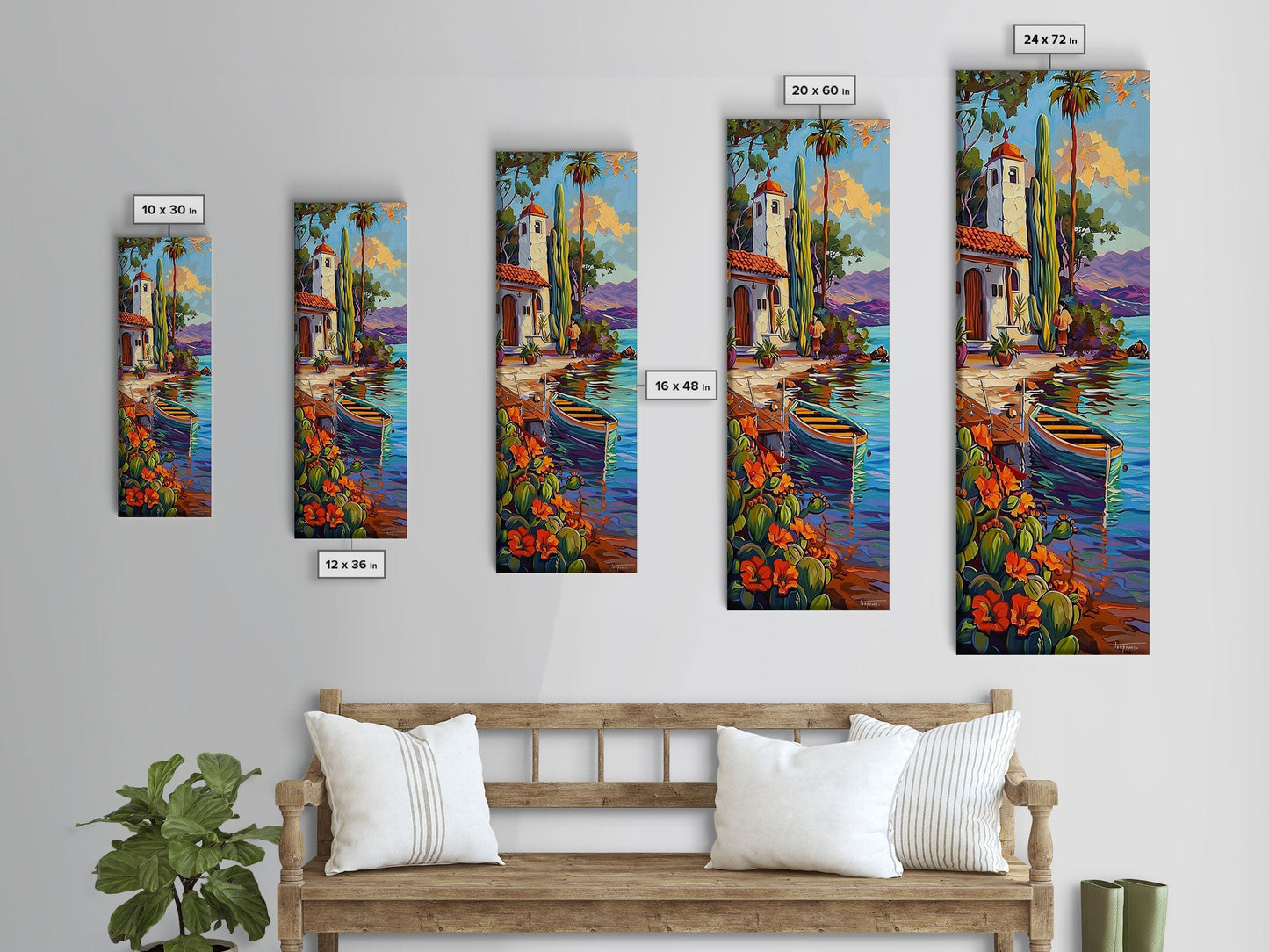 Gerahmtes Leinwandbild „Mittelmeerküste“, gerahmtes Wandbild fürs Wohnzimmer, zeitgenössische botanische Kunst, tropischer Kunstdruck auf Leinwand