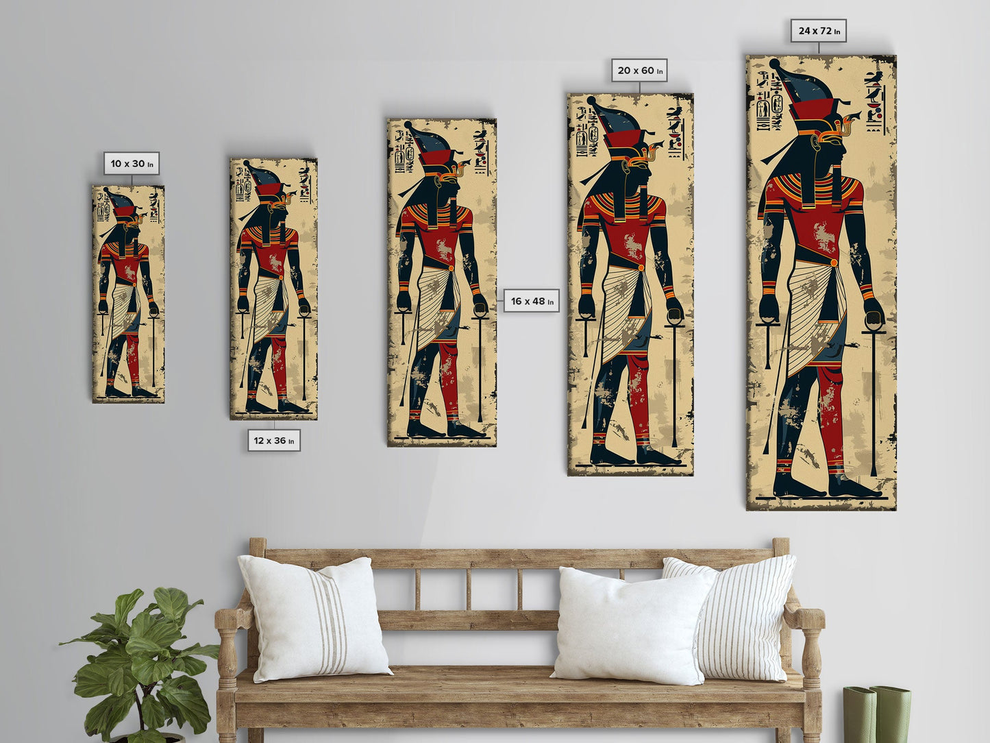 Egyptian Art Depiction of Horus - Framed Canvas Print, Midcentury Modern Wall Art, Skinny Art, Tall Art, Living Room Decor