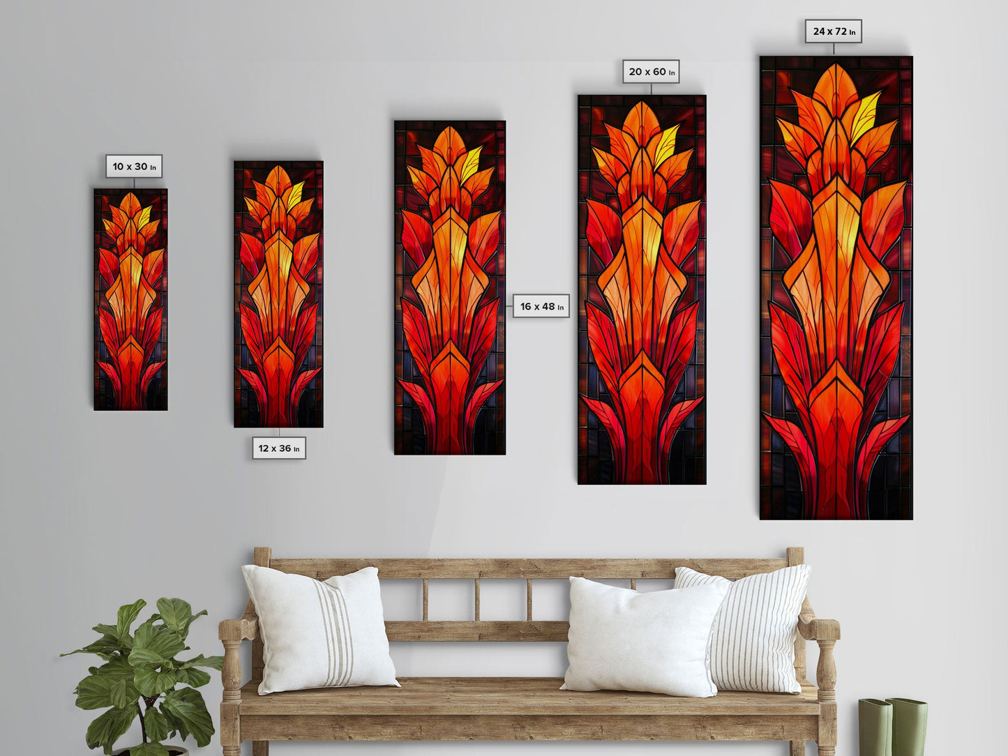 Red and Orange Floral Stained Glass Design - Framed Canvas Print, Midcentury Modern Art, Skinny Art, Tall Art, Living Room Wall Decor, Boho Art
