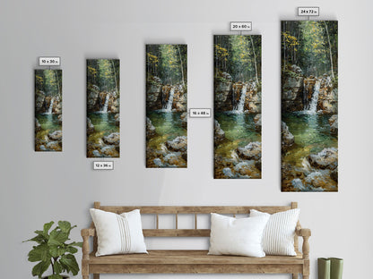 Framed Canvas Print Skinny Art of a Serene Waterfall Cascading into a Tranquil Pool in a Lush Forest Landscape, Perfect Tall Art for Nature Lovers