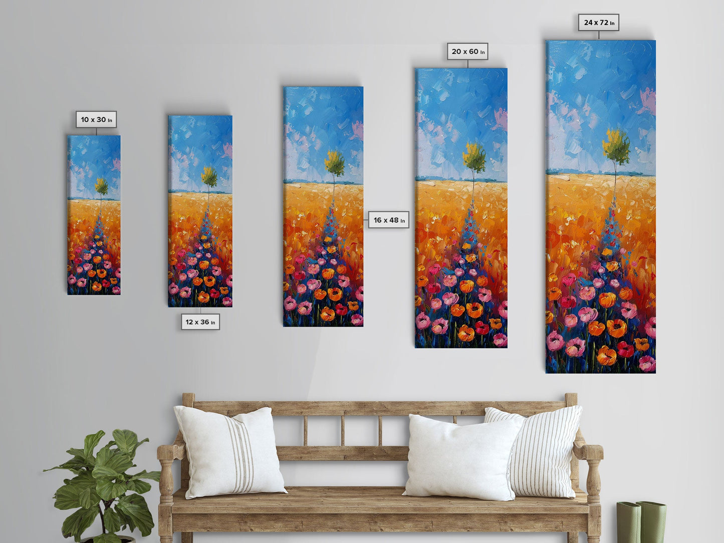 Colorful Wildflowers in a Field with a Lone Tree Under a Bright Blue Sky on a Framed Canvas Print Tall Art Piece
