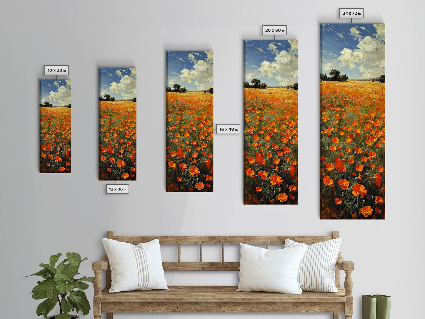 Expansive Poppy Field Under a Bright Blue Sky on a Framed Canvas Print Skinny Art Piece