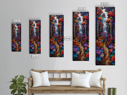 Fantasy Forest Pathway with Giant Mushrooms as Tall Skinny Art Framed Canvas Print for Whimsical Wall Decor in Unique Spaces