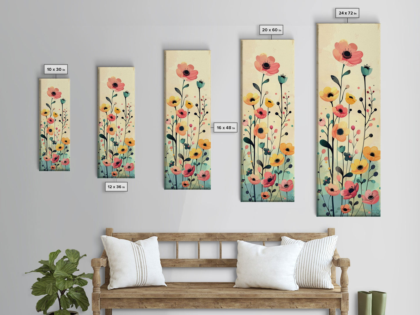 Bright Field of Wildflowers Skinny Art Tall Art Japanese Ukiyo-e Inspired Floral Print Framed Canvas Wall Art