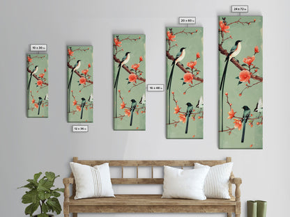 Elegant Birds on Branches Skinny Art Tall Art Japanese Ukiyo-e Inspired Bird and Nature Framed Canvas Print