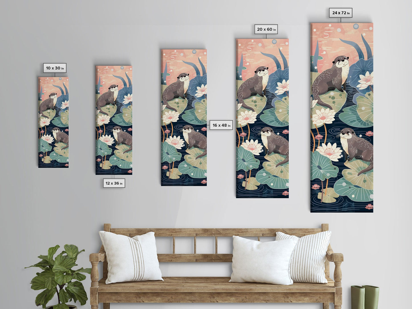 Playful Otters Amidst Lily Pads on Japanese-Inspired Tall Vertical Canvas Print Perfect for Nature-Inspired Wall Decor