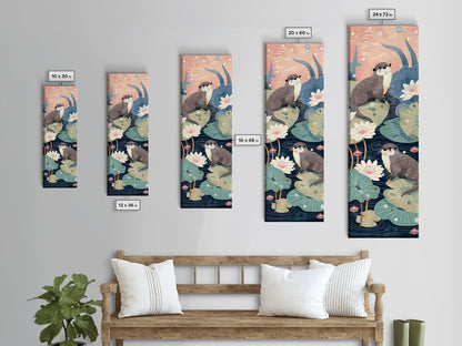Playful Otters Amidst Lily Pads on Japanese-Inspired Tall Vertical Canvas Print Perfect for Nature-Inspired Wall Decor