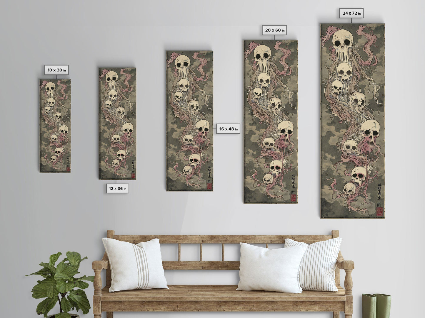 Hauntingly Beautiful Floating Skulls on Tall Vertical Canvas Print Featuring Japanese Ghostly Art in Eerie Style