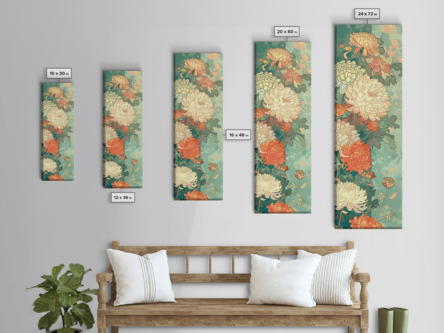 Skinny Art of Chrysanthemums in Soft Pastels with Intricate Petal Design on Framed Canvas Print