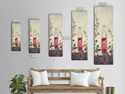 Skinny Art of Still Life with Elegant Glass Bottle and Floral Accents – Japanese-Inspired Framed Canvas Print