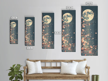 Full Moon with Cherry Blossom Ukiyo-e Art, Framed Canvas Print Perfect for Skinny and Tall Spaces, Japanese Style Art