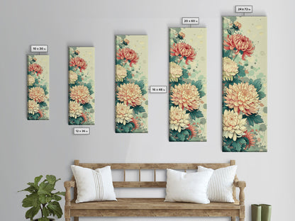 Chrysanthemums in Traditional Japanese Art, Ukiyo-e Style Framed Canvas Print Perfect for Tall and Skinny Spaces
