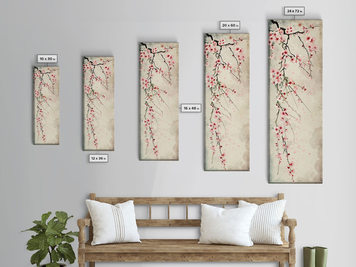 Cherry Blossoms, Full Bloom, Japanese Art, Skinny Art, Tall Art, Framed Canvas Print, Ukiyo-e Style