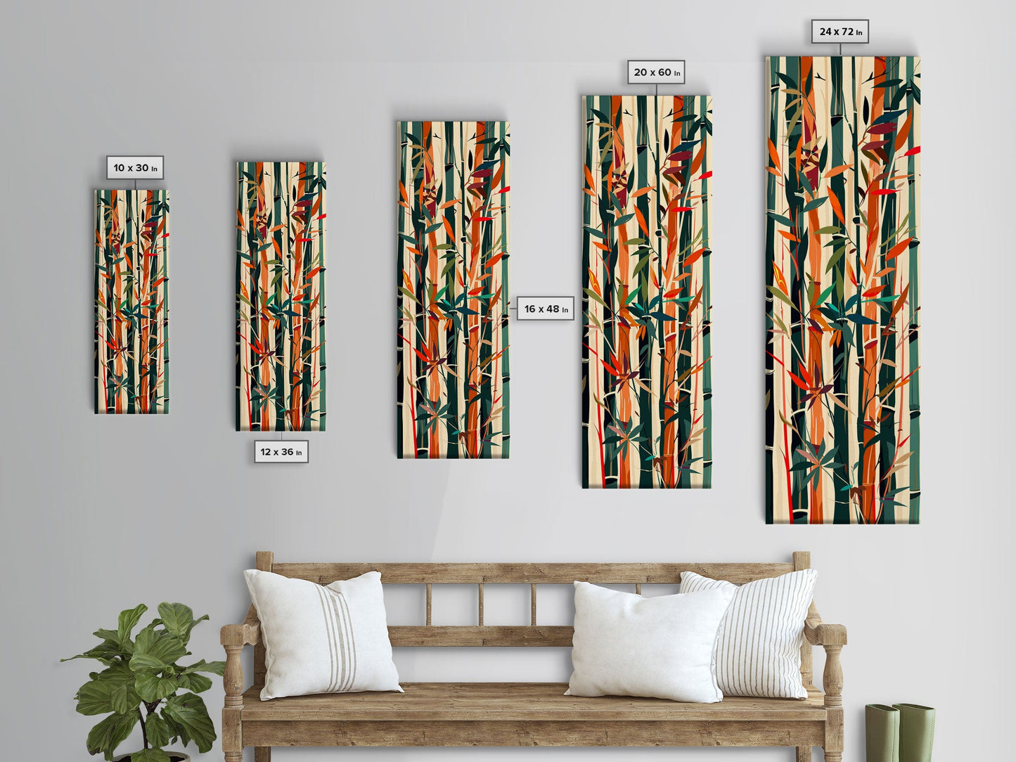 Colorful Bamboo Forest Skinny Art Ukiyo-e Tall Framed Canvas Print in Bright Autumn Hues