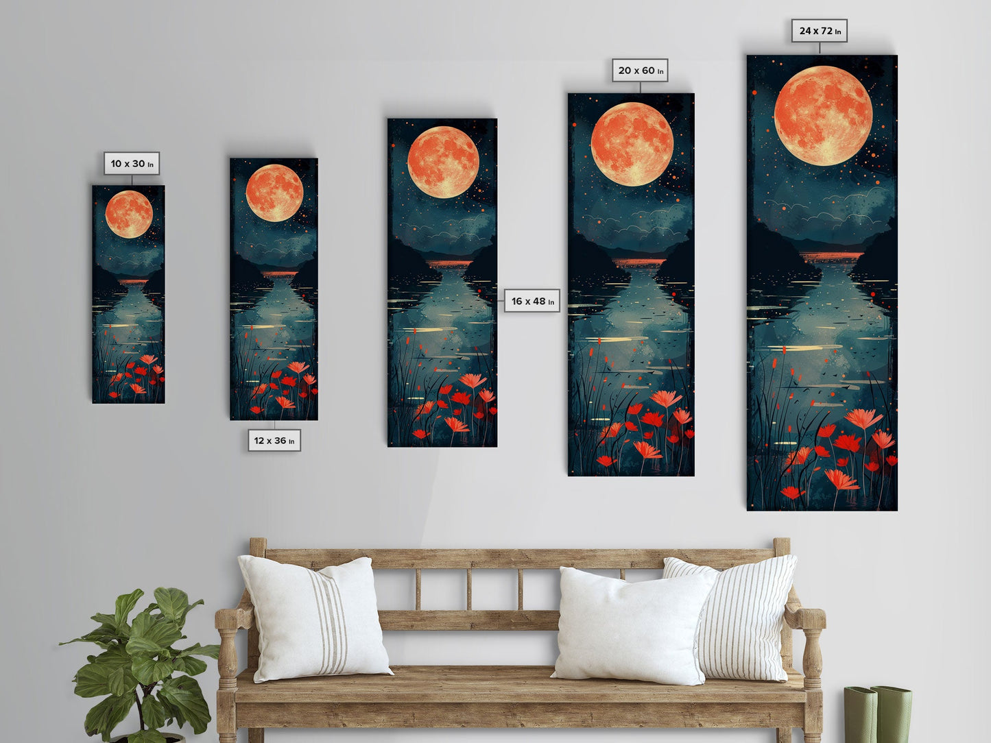 Skinny Art Full Moon Over Lake In Japanese Style Wood Block Print Vibrant Night Scene On Framed Canvas Print, Tall Art Ukiyo-e