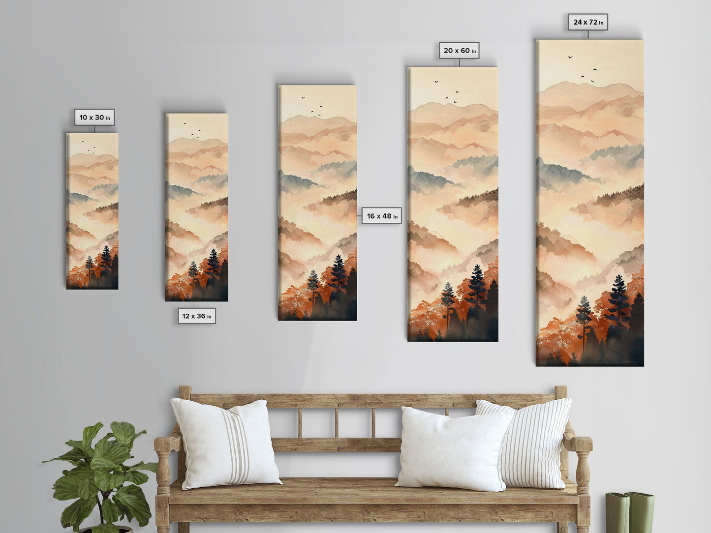 Skinny Art Tall Art Framed Canvas Print Layers Of Misty Mountains In Soft Warm Hues Ukiyo-e Japanese Style Art Wood Block Print