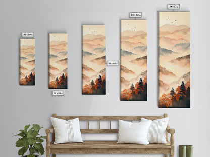 Skinny Art Tall Art Framed Canvas Print Layers Of Misty Mountains In Soft Warm Hues Ukiyo-e Japanese Style Art Wood Block Print