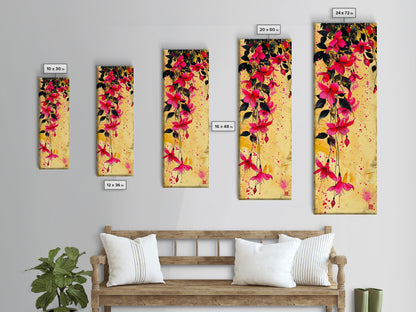 Skinny Art Tall Art Framed Canvas Print Bold Fuchsia Flowers In Dynamic Composition Over A Vibrant Yellow Background Ukiyo-e Japanese Style Art
