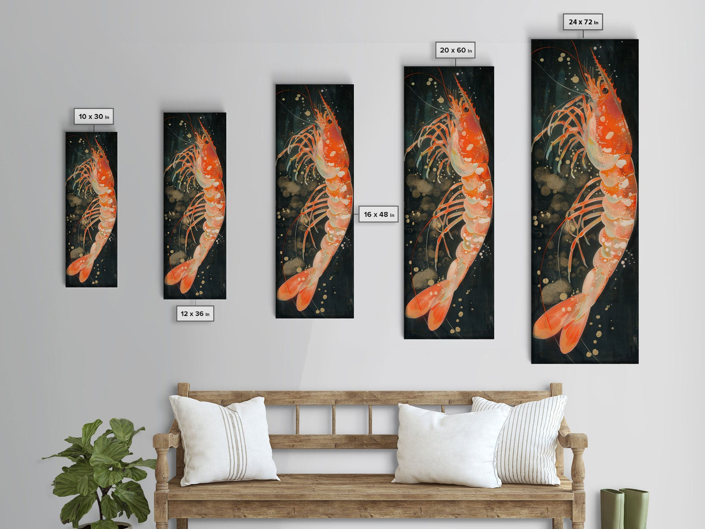 Shrimp Illustration Underwater Theme Deep Sea Skinny Art Tall Art Framed Canvas Print Japanese Style Art Ukiyo-e Art Wood Block Print Marine Life