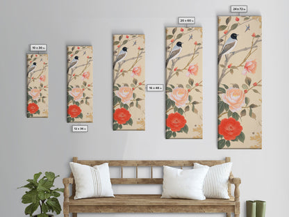 Bird On Branch With Red Peonies And Green Leaves Tall Art Skinny Art Framed Canvas Print Japanese Style Art Ukiyo-e Wood Block Print