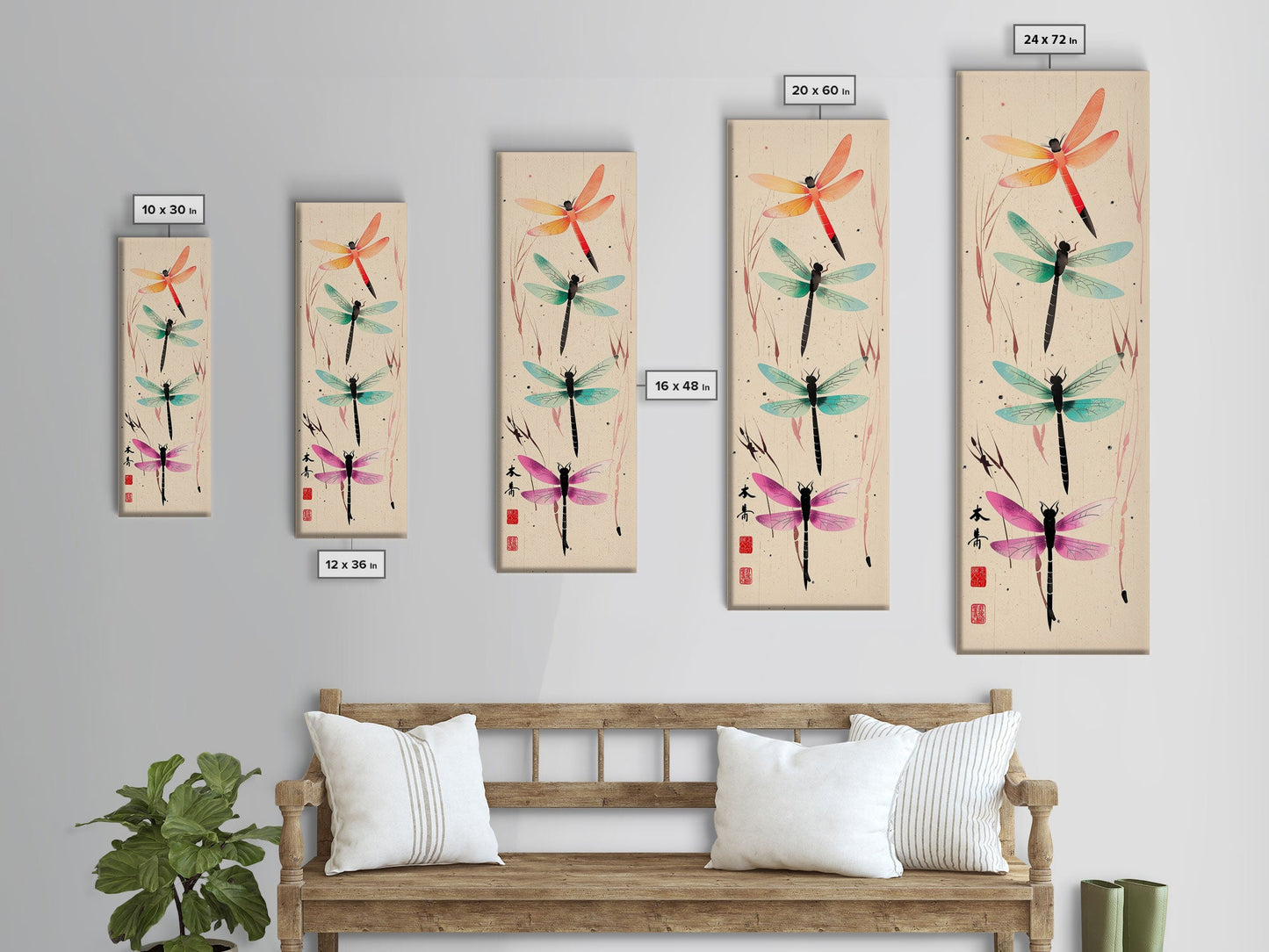 Dragonflies In Flight With Delicate Details Japanese Style Framed Canvas Print, Wall Art Ready To Hang For Nature Lovers