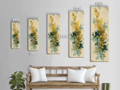 Golden Foliage Set Against Green Textured Background Skinny Art Tall Art Framed Canvas Print Japanese Style Art Ukiyo-e Art Wood Block Print Natural Elegant