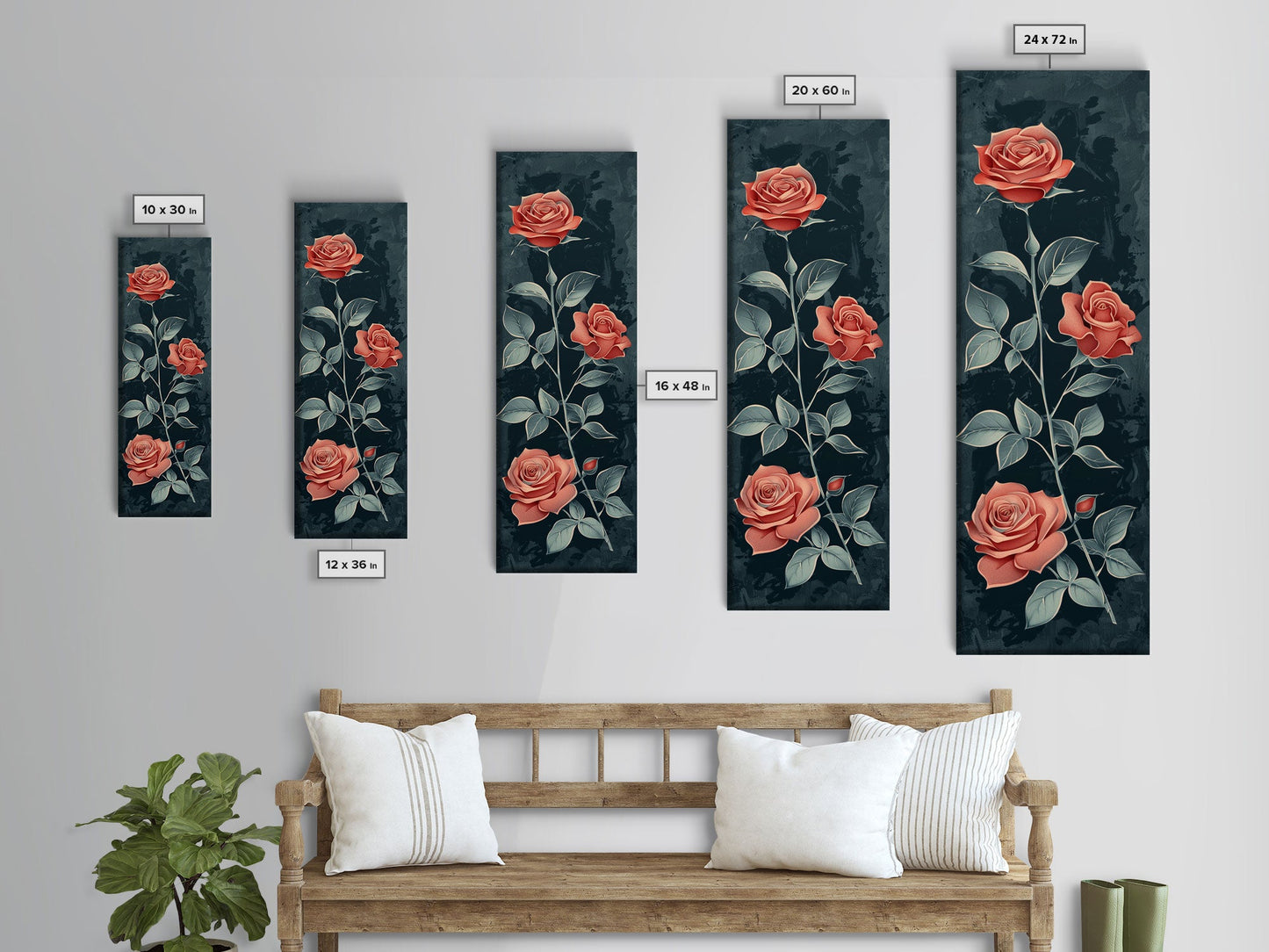 Deep Red Roses With Dark Green Foliage Skinny Art Tall Art Framed Canvas Print Japanese Style Art Ukiyo-e Art Wood Block Print Elegant Floral