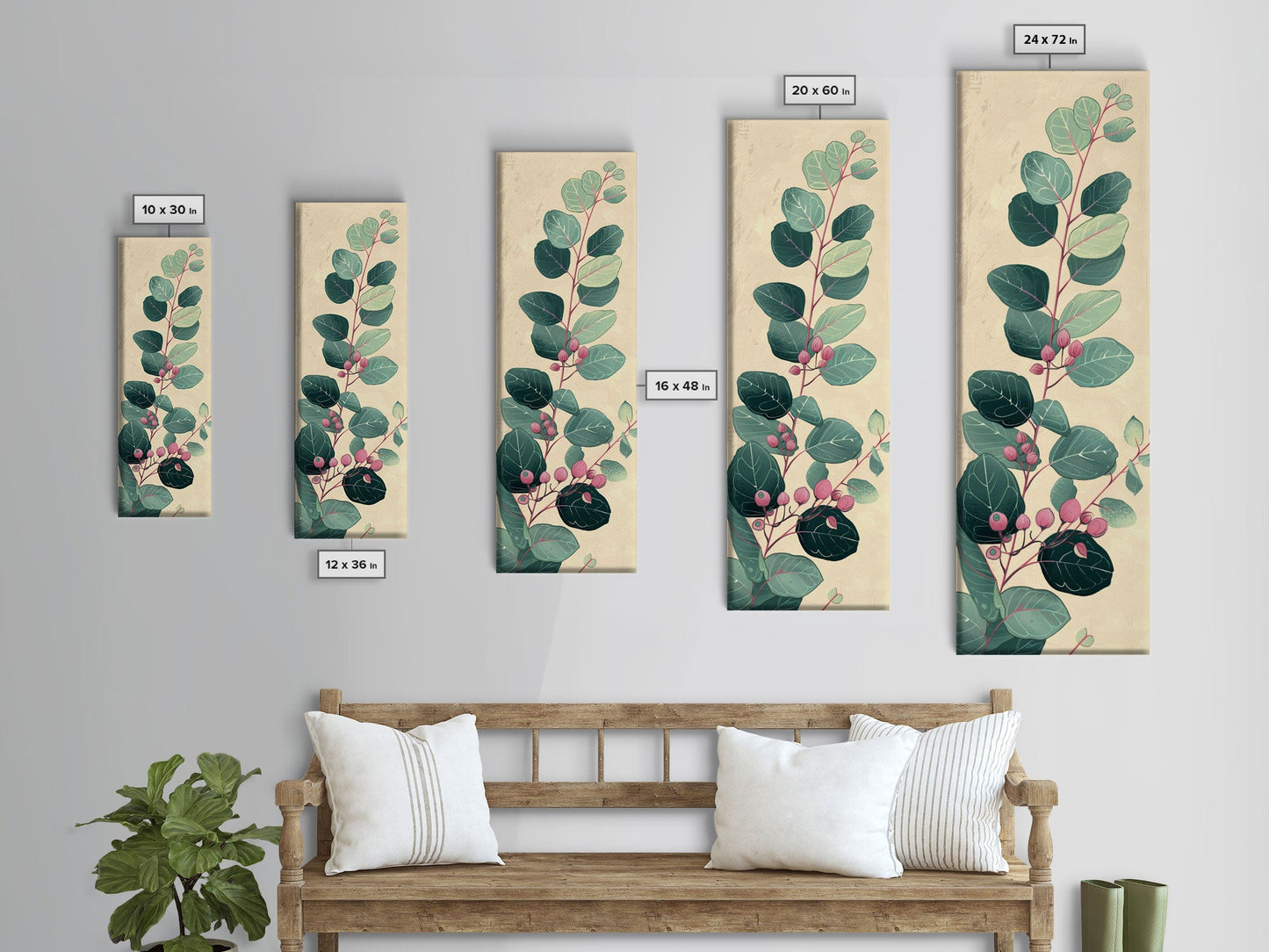 Delicate Green Leaves And Pink Buds On A Branch Against A Textured Background, Skinny Art Tall Wall Art Framed Canvas Print Japanese Style Art