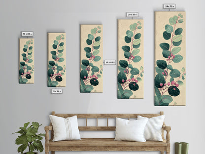 Delicate Green Leaves And Pink Buds On A Branch Against A Textured Background, Skinny Art Tall Wall Art Framed Canvas Print Japanese Style Art