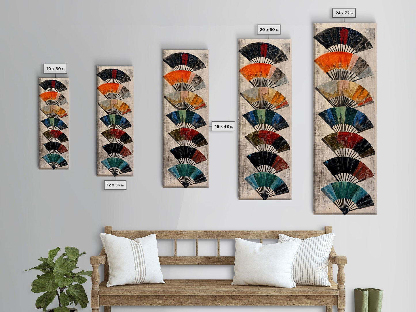 Seven Japanese Fans In Various Colors Arranged Vertically On A Textured Background, Skinny Art Tall Wall Art Framed Canvas Print Japanese Style Art