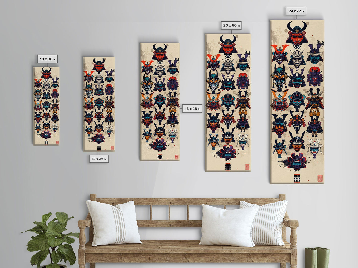 Canvas Print Traditional Japanese Samurai Helmets Collection, Intricate Details In Warrior Masks, Bold Cultural Decor For Any Space